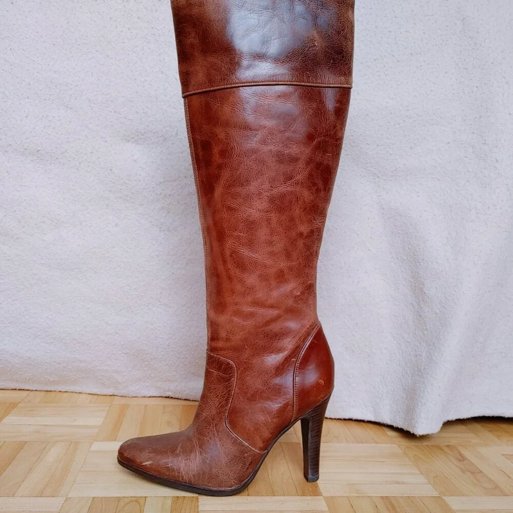 ๐ฏ% real leather Knee High heeled brown Boots - Picture 2 of 16